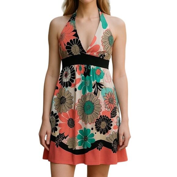 Candie's Vintage Floral Halter Dress Y2K Tropical Print Size Large - Picture 1 of 10